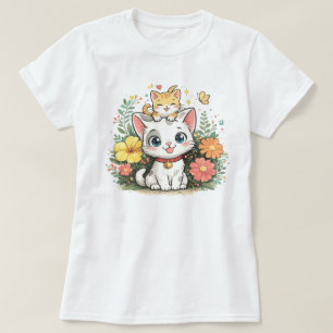 T-shirt Mignon Chat Kawaii Illustration Florale   Adorable