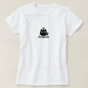T-shirt Mignon Chat Noir Kawaii Lisant un Livre Dessin Ani