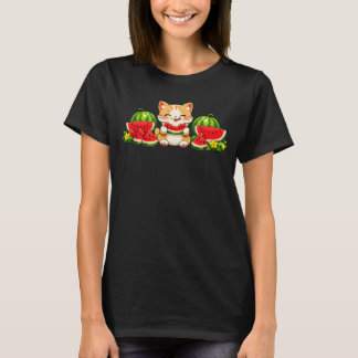 T-shirt Mignon Chat Pastèque Kawaii Été Dessin Animé