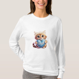 T-shirt Mignon Chat Roux Avec Cœur Bleu Manches Longues Bl