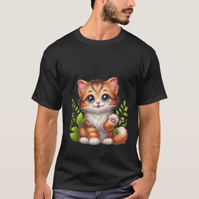 T-shirt Mignon chat roux duveteux agitant la main en signe (Devant)