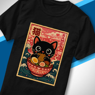 T-shirt Mignon cœur japonais Kawaii Chat noir mignon mange