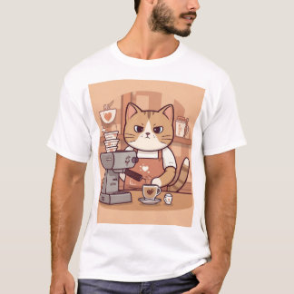 T-shirt mignon et drôle de chat barista et café