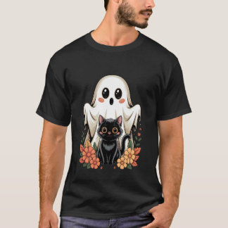 T-shirt Mignon Fantôme Rétro Chat Noir Floral Halloween Ef