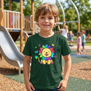 T-shirt Mignon lion Kawaii souriant avec papillons dessin 