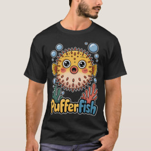 T-shirt Mignon Poisson-Globe Kawaii Dans Un Récif De Corai