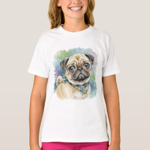 T-shirt Mignon Pug à l'aquarelle avec des lunettes