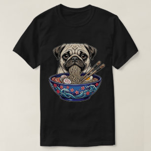 T-shirt Mignon Pug Drôle Mangeant des Ramen Bol de Nouille