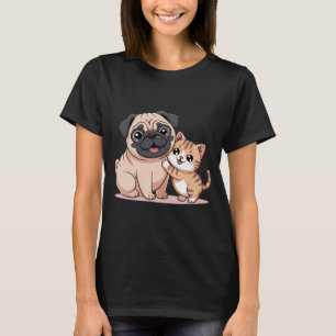 T-shirt Mignon Pug et Chat Meilleurs Amis – Adorable Kawai