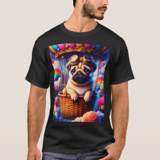 T-shirt Mignon pug steampunk dans un panier d'un ballon aé