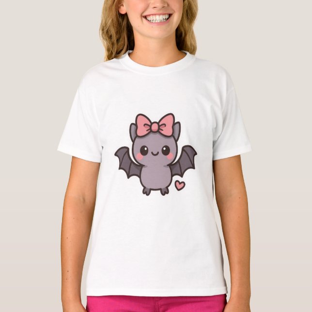 T-shirt Mignonne batte à halloween avec arc rose (Devant)
