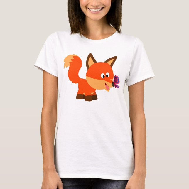 T-Shirt Mignonne Cartoon Fox Et Butterfly Women (Devant)