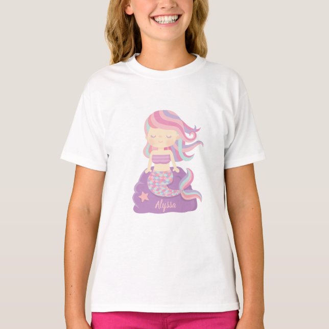 T-shirt Mignonne fille sirène sur violet Rock Nom Tee (Devant)