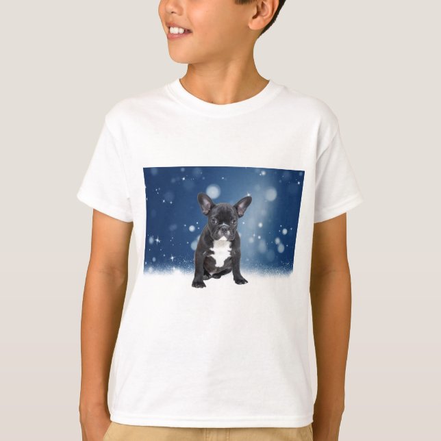 T-shirt Mignonne French Bulldog Etoiles de neige Bleu Noël (Devant)