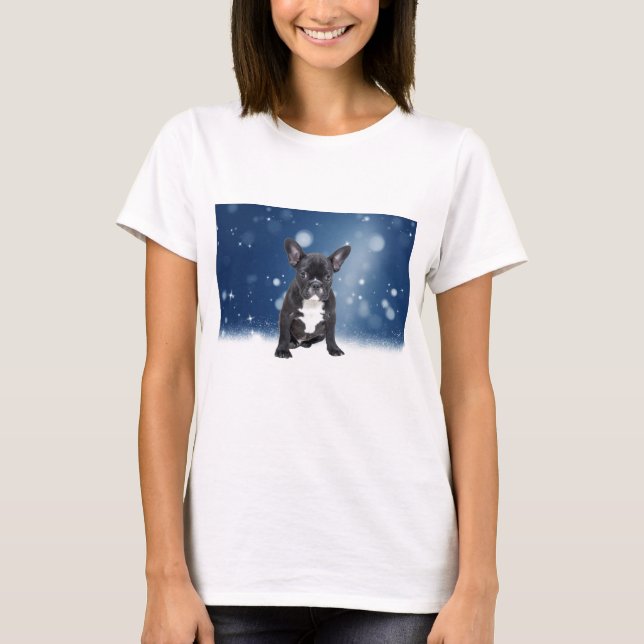 T-shirt Mignonne French Bulldog Etoiles de neige Bleu Noël (Devant)