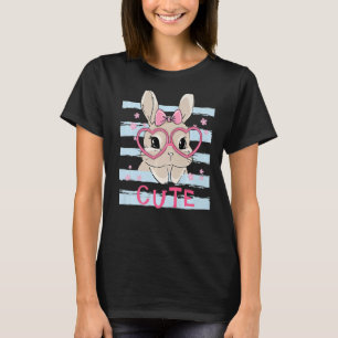 T-shirt Mignonne Lapin Visage rose Fleurs du Coeur Lunette