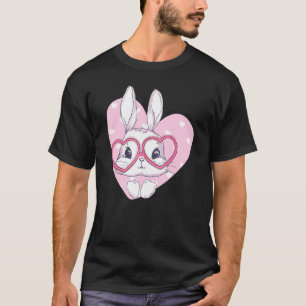 T-shirt Mignonne Lapin Visage rose Fleurs du Coeur Lunette