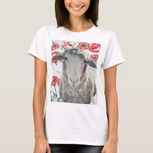 T-shirt Mignonne Mérino Mouton Animal Red Poppy Fleurs
