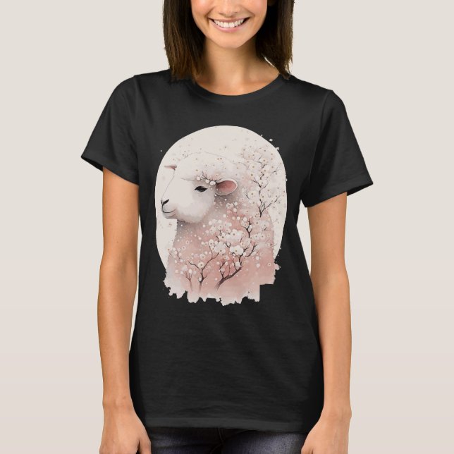 T-shirt Mignonne mouton Japonaise Fleur de cerisier Sakura (Devant)