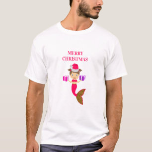 T-shirt Mignonne Noël Fille Sirène Santa Chapeau Noël Noël