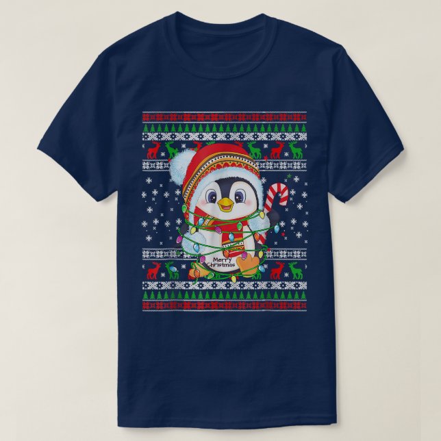 T-shirt Mignonne Pingouin Éclairage Laid De Noël Vilain Po (Design devant)