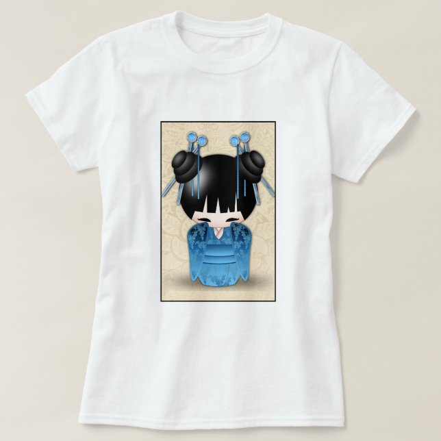 T-shirt Mignonne Poupée Japonaise Kokeshi Habillée En Bleu (Design devant)