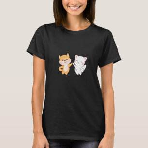 T-shirt Mignonne Shiba Inu Chien et Chat blanc Chibis main
