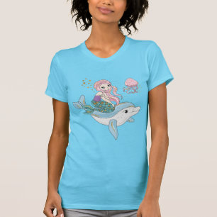 T-shirt Mignonne sirène chevauchant un dauphin sous la mer