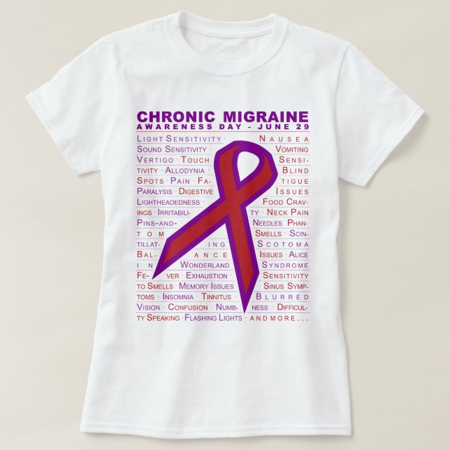 T-shirt Migraine chronique avertie - symptômes et ruban (Design devant)