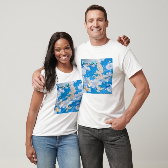 T-shirt Mikitiez blanc oiseau bleu ciel été plage liberté (Unisexe)