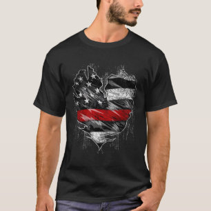 T-shirt Mince ligne rouge pompier Américain Drapeau Coeur 