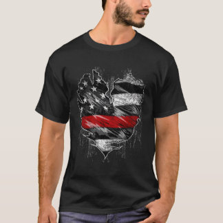 T-shirt Mince ligne rouge pompier Américain Drapeau Coeur