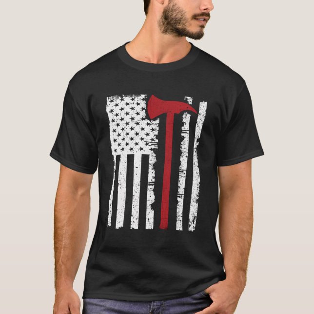 T-shirt Mince Red Line Firefighter Ax American Flag T-Shir (Devant)