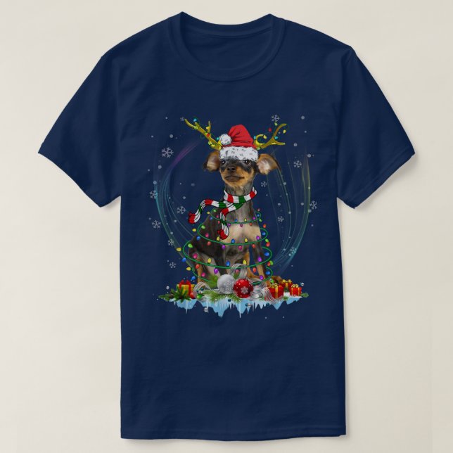T-shirt Miniature Pinscher Reindeer lumières de Noël drôle (Design devant)