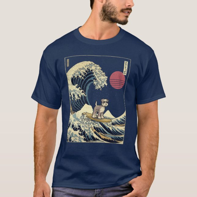 T-shirt Miniature Schnauzer Kanagawa Japanese Surfing Wave (Devant)
