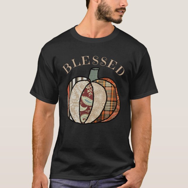 T-shirt Minimalist Patchwork Pumpkin Autumn Blessed Thanks (Devant)