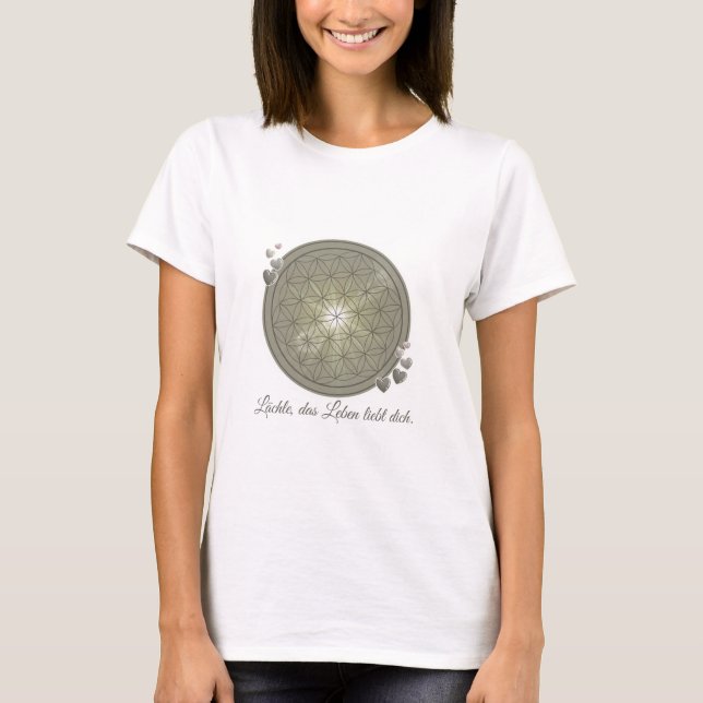 T-Shirt mit Blume des Lebens & Blüten, Grün, Herz (Devant)