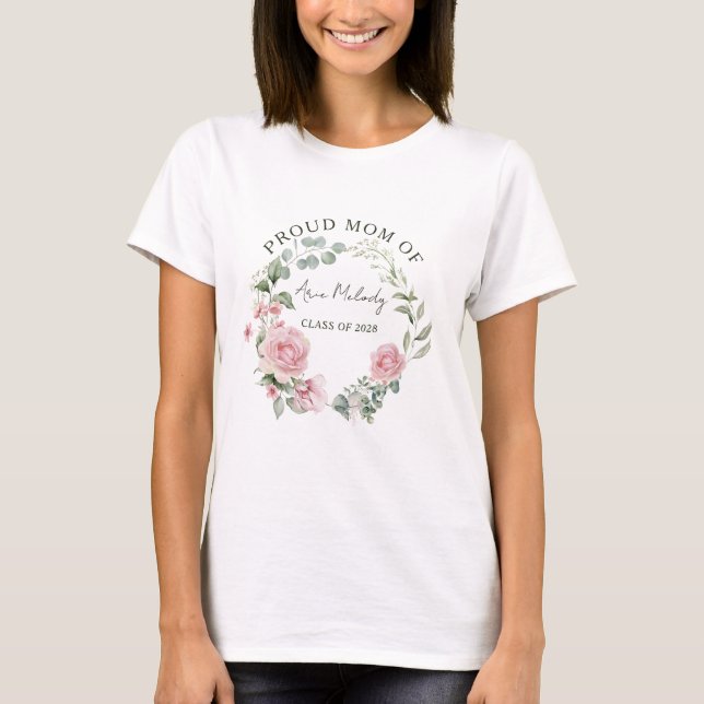 T-shirt Modern Pink Roses Script Name Class of Graduation (Devant)