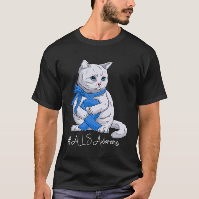 T-shirt Mois de sensibilisation à la SLA Chat au ruban ble (Devant)