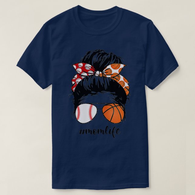 T-shirt Mom Life Baseball Basketball Mom messy bun funny M (Design devant)