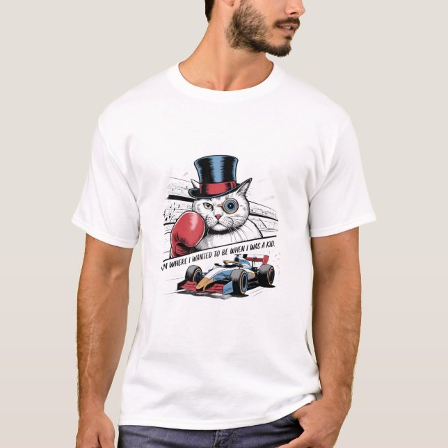 T-shirt Monocle Cat with Boxing Glove & F1 Race Car Funny  (Devant)