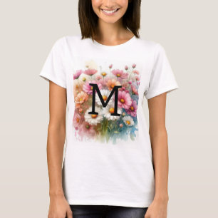 T-shirt Monogramme aquarelle florale marguerites roses fle