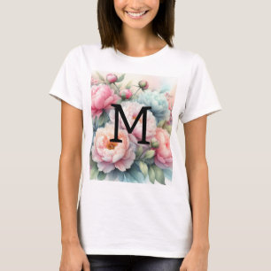 T-shirt Monogramme aquarelle florale pivoines roses bleues
