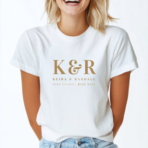 T-shirt Monogramme de mariage minimaliste simple or et bla