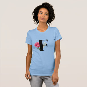 T-shirt Monogramme Lettre initiale F en noir avec rose ros