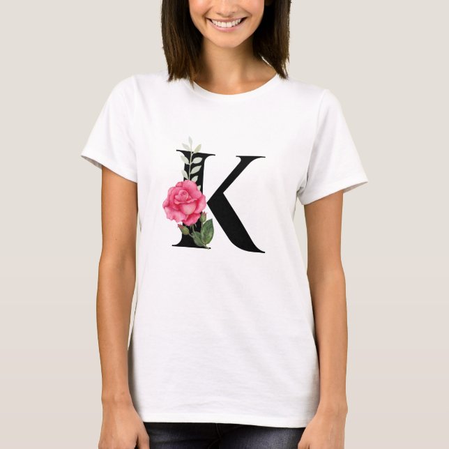 T-shirt Monogramme Lettre initiale K en noir avec rose ros (Devant)
