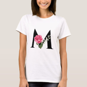 T-shirt Monogramme Lettre initiale M en noir avec rose ros