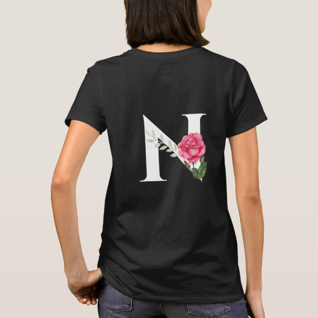 T-shirt Monogramme Lettre initiale N en blanc avec rose ro (Dos)