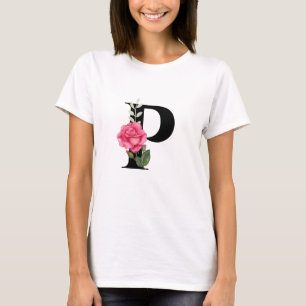 T-shirt Monogramme Lettre initiale P en noir avec rose ros