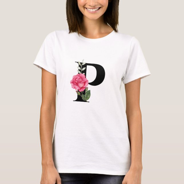 T-shirt Monogramme Lettre initiale P en noir avec rose ros (Devant)
